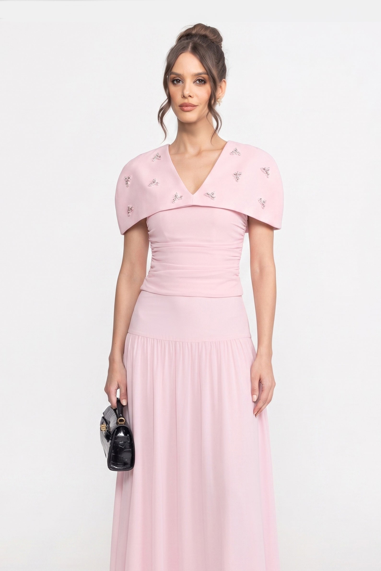 Ensemble coordonné 3 pièces avec top froncé, cape amovible et jupe maxi - Rose 
