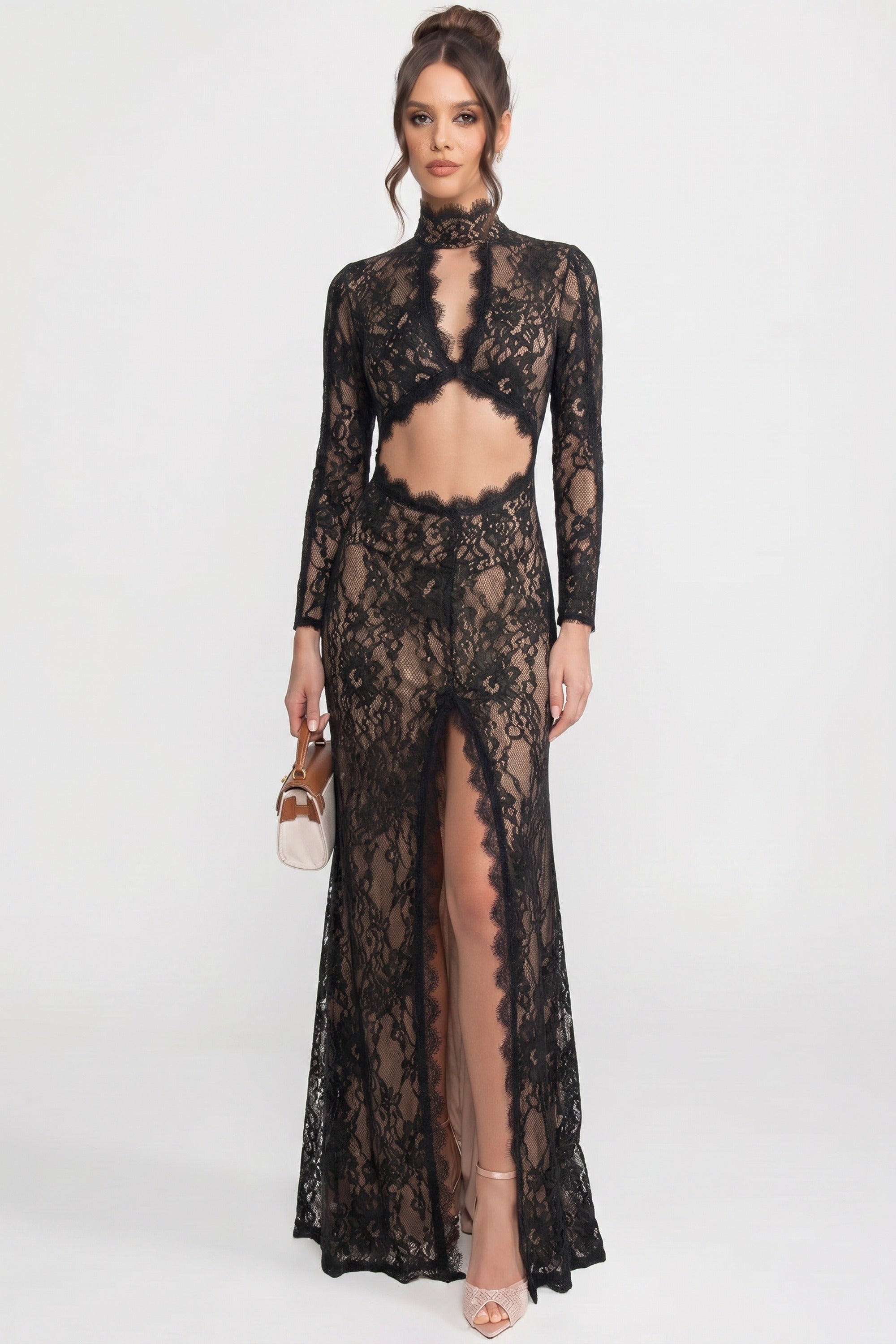 Robe en dentelle élégante avec col montant, découpe à l’avant et fente - Noir 
