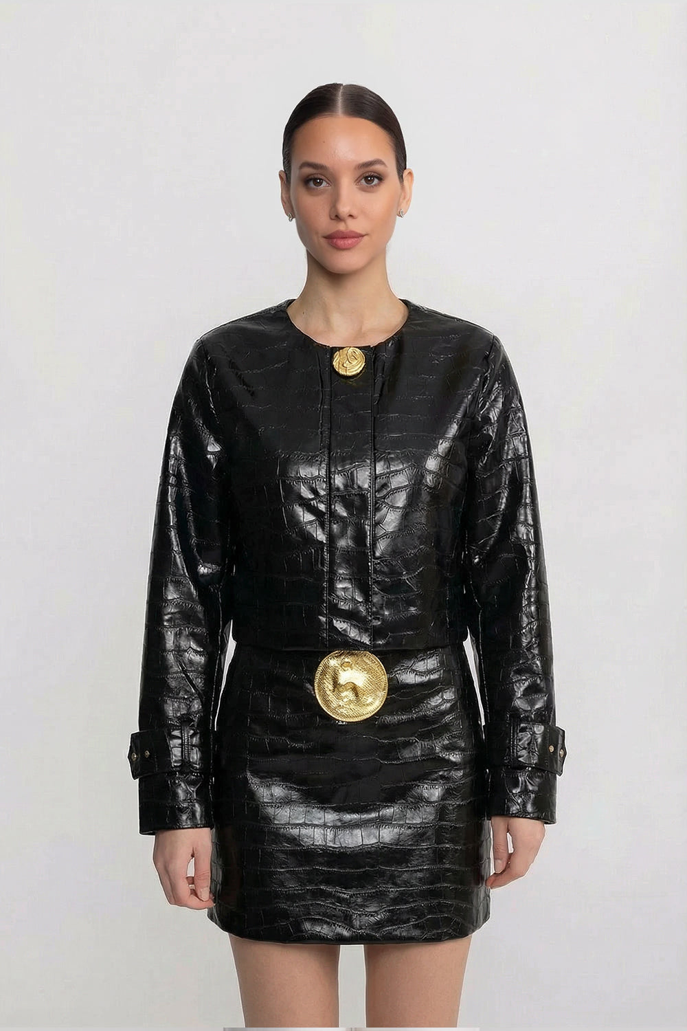 Veste Courte Effet Croco Avec Fermeture Bouton Or - Noir 