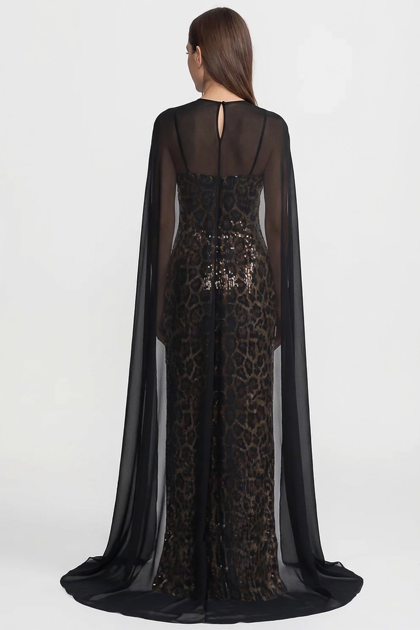 Robe longue à sequins avec cape transparente – Léopard & Noir 
