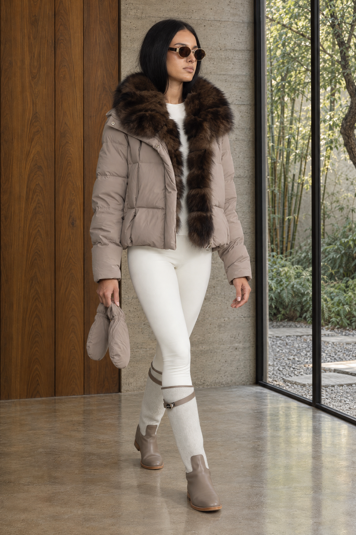 Fox Fur Collar Cropped Down Puffer Jacket - Taupe