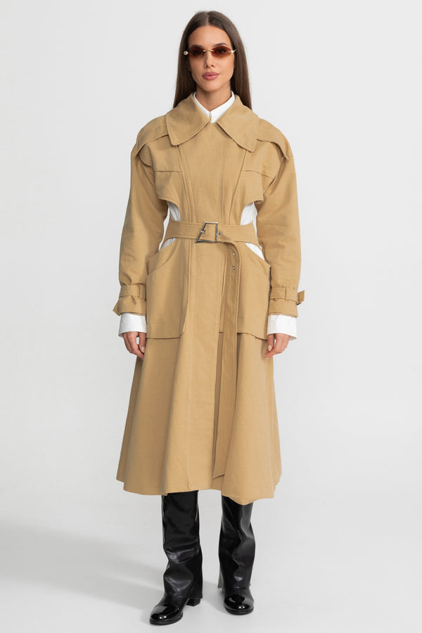 Trench-coat découpé avec taille ceinturée et poches utilitaires - Beige 