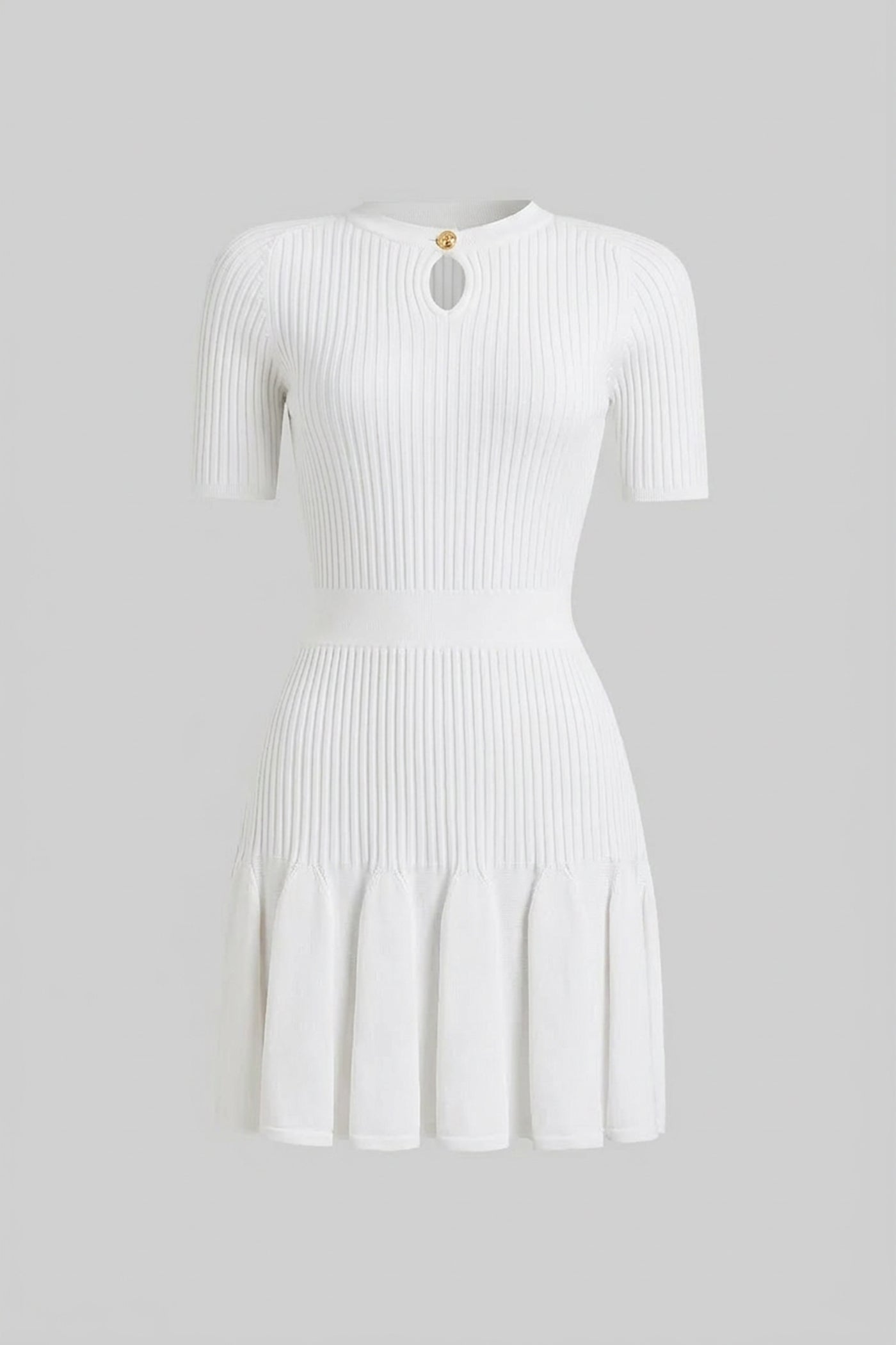Robe Mini en Maille Côtelée avec Encolure Clé à Bouton Doré - Blanc 