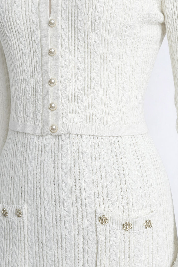 Ensemble Robe en Maille Côtelée et Cardigan avec Détails Boutons Perle - Blanc 