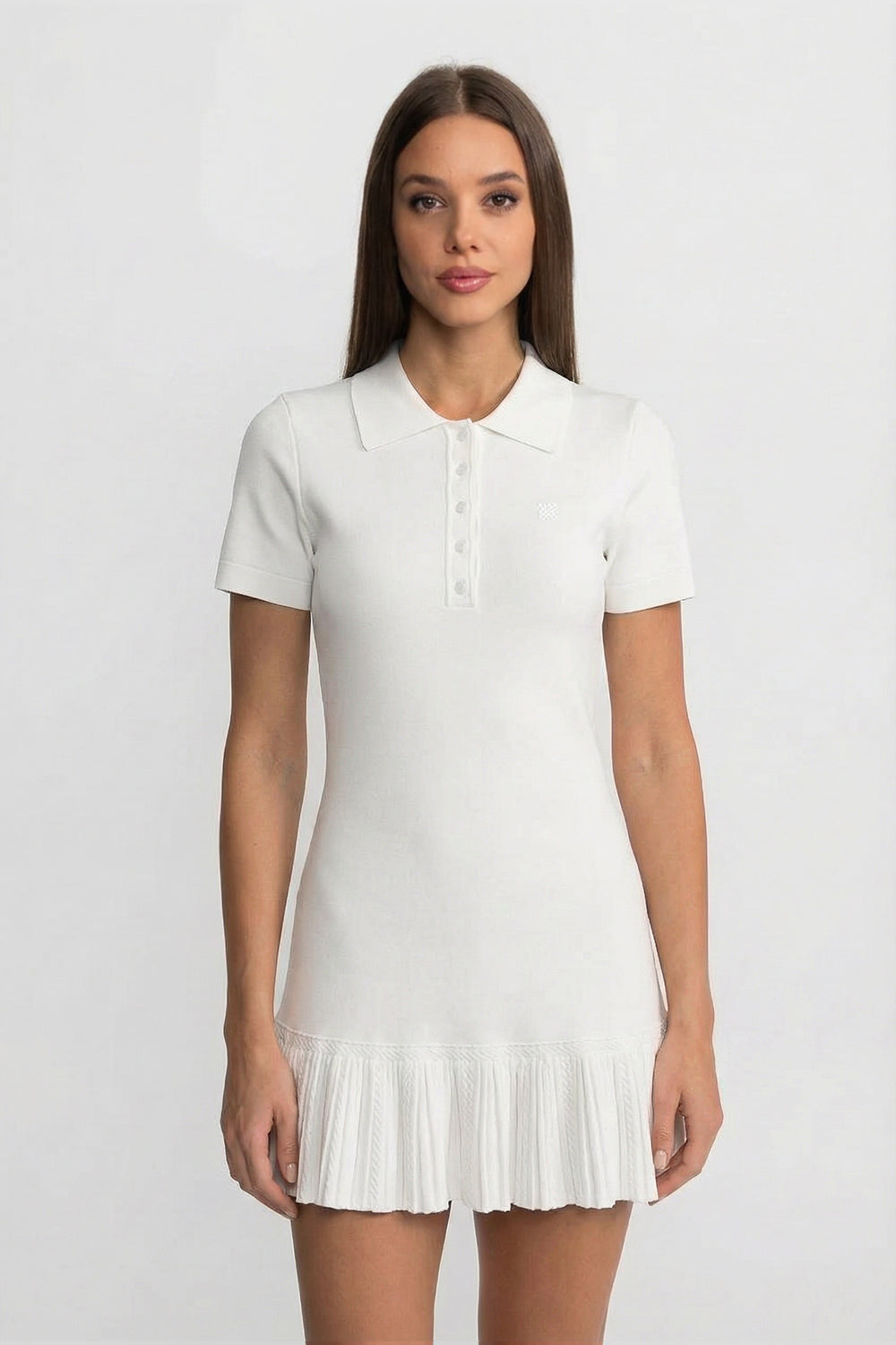 Robe Polo Courte à Manches Courtes avec Ourlet Plissé à Volants - Blanc 