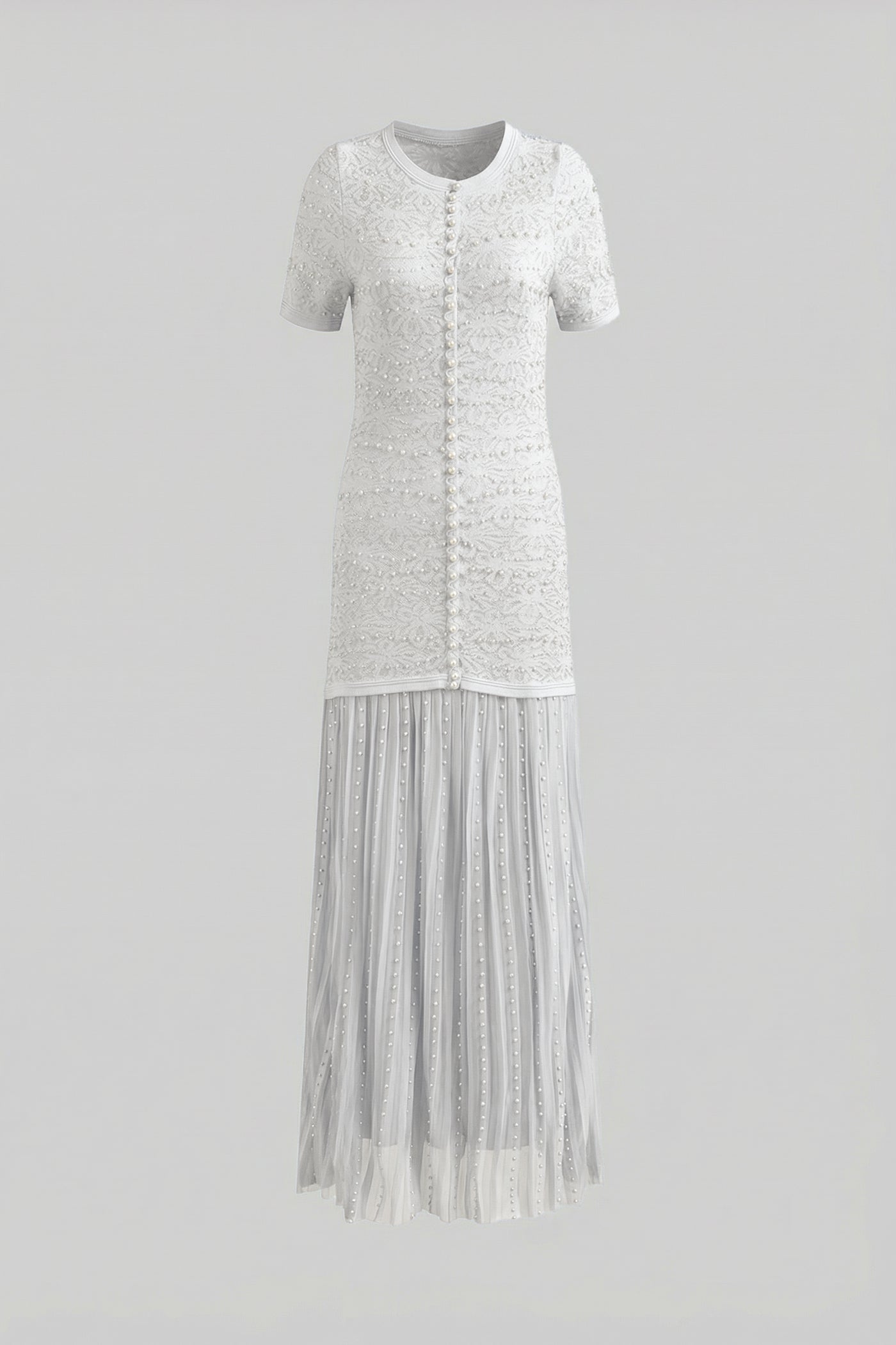 Robe midi à manches courtes ornée de perles - Blanc 
