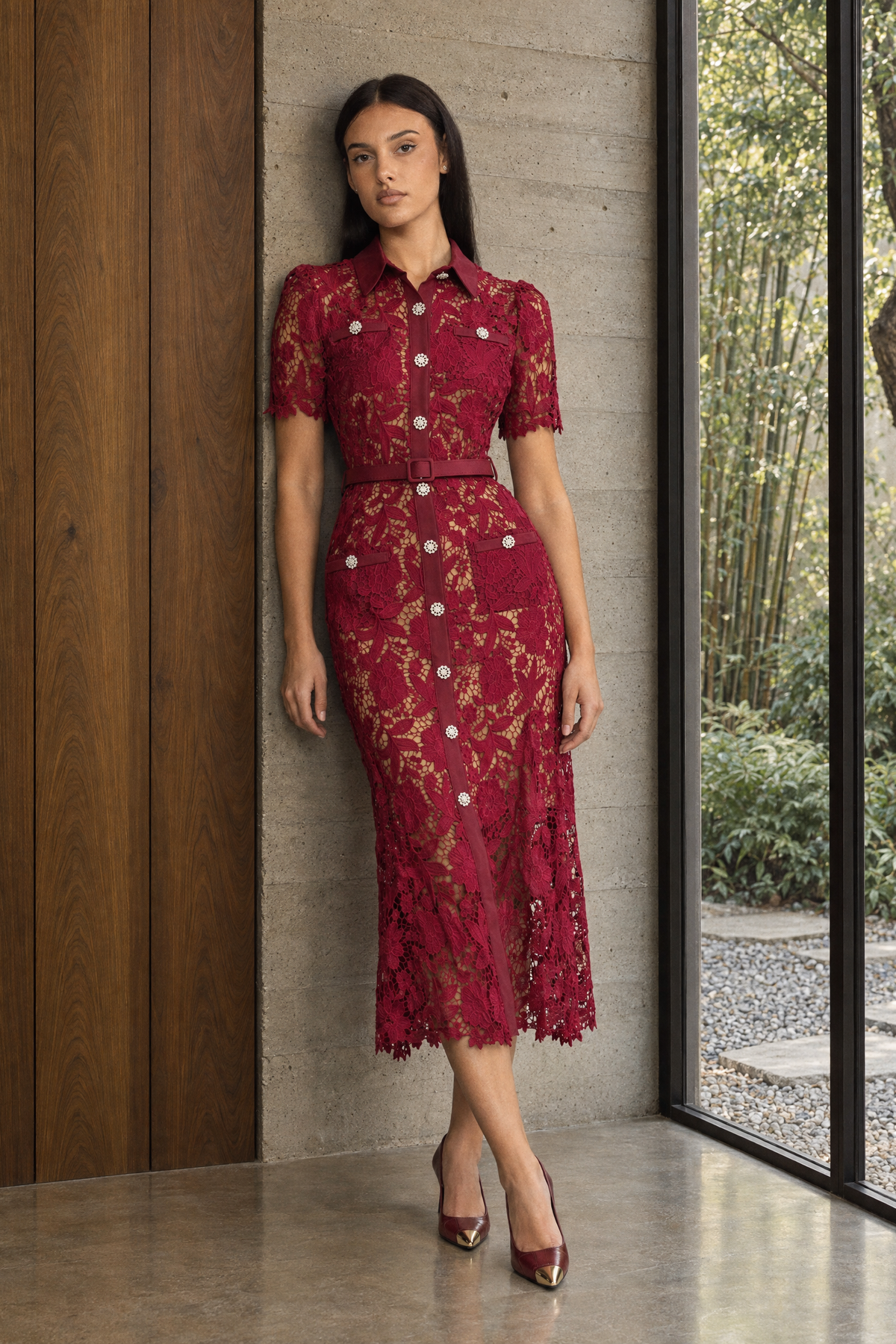 Guipure Lace Crystal Button Shirt Midi Dress - Wine