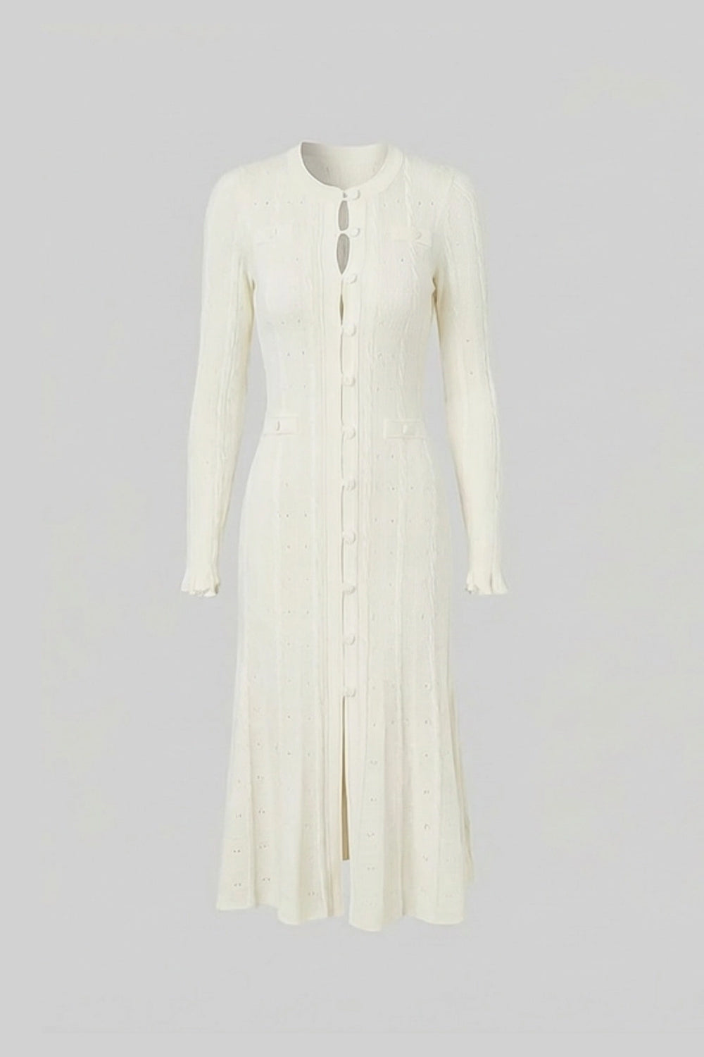 Robe midi en maille à boutons sur le devant avec détails pointelle – Ivoire 