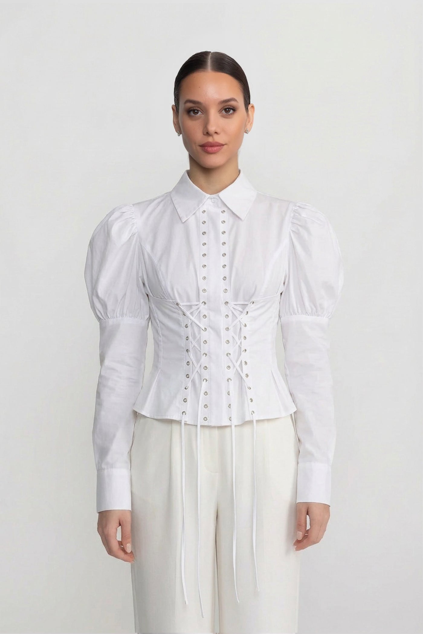 Chemise à manches longues avec détail corset lacé - Blanc 