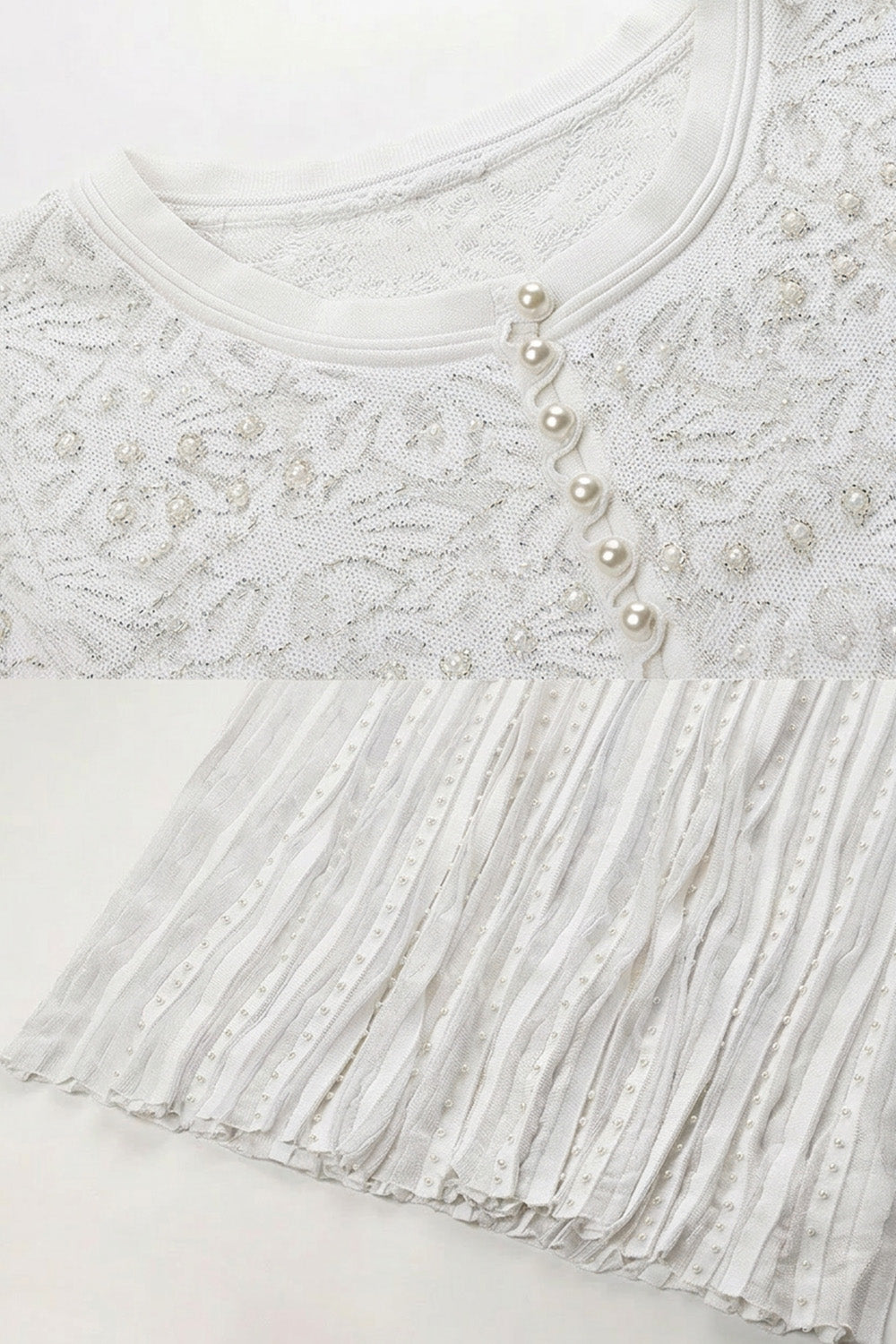 Robe midi à manches courtes ornée de perles - Blanc 
