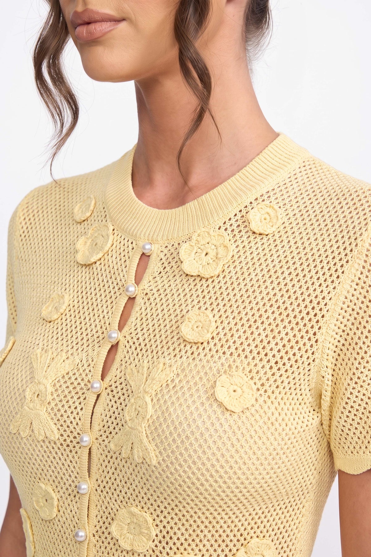 Robe longue à basque en crochet floral avec taille à cordon de serrage - Jaune 