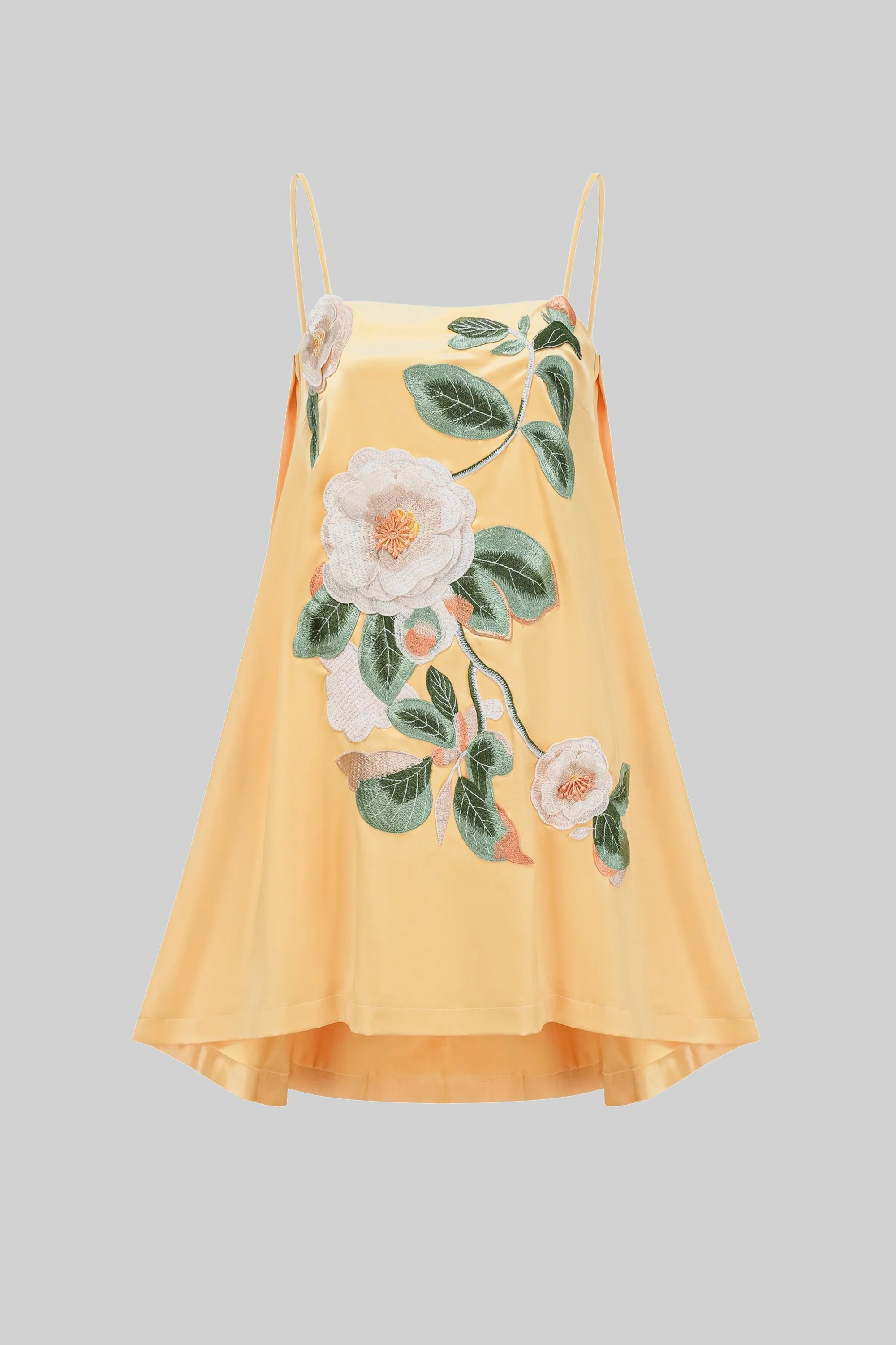 Spaghetti-Strap Mini Dress With 3D Floral Appliqué And A-Line Skirt - Yellow