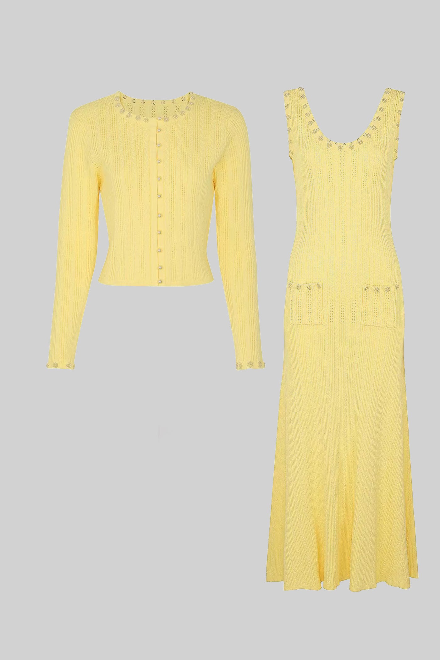 Ensemble Robe en Maille Côtelée et Cardigan avec Détails Boutons Perle - Jaune 